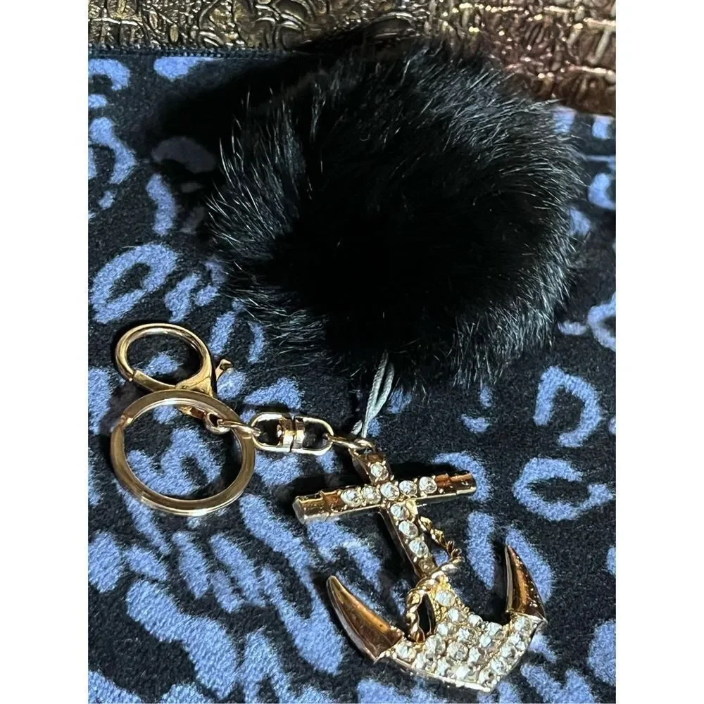 Rhinestoned Anchor Bling Key Fob with Mink Pom Pom
